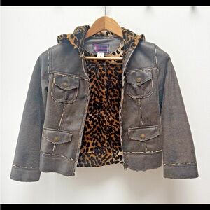 Dollhouse Girls Faux Leather Jacket Sz M Distressed Brown Leopard Lined Hood